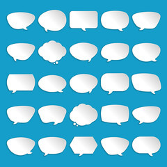 White dialog clouds stickers vector template. Plastic empty chat and dialogue bubble on blue background. Communicate chatting sign with text message and discussion comment banner for social media.