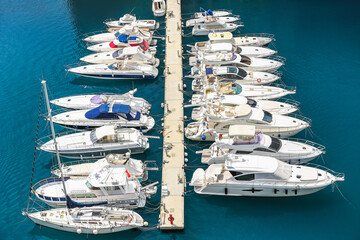 Yacht port with boats and yeachts in Mediterranean Sea near French Riviera and Monaco