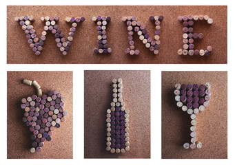 collage of wine corks, bottle, grapes, glass, word wine.