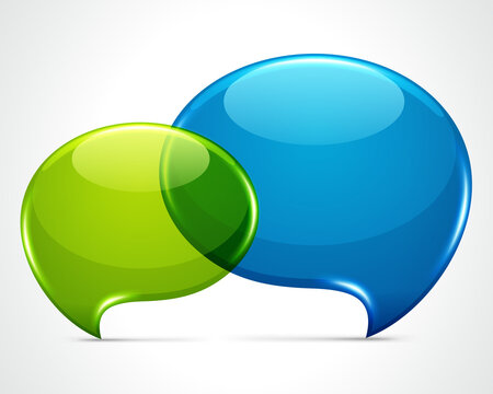 Glass dialog bubbles vector banner. Green and blue transparent colloquial comma superimposed on each other. Conversation comment banner for sale and 3d label social media communication.