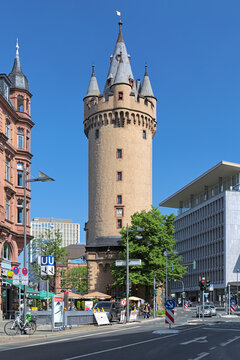 Frankfurt am Main, Germany. Eschenheimer Turm, a former city gate, part of the late-medieval town's fortification. The tower was erected at the beginning of the 15th century.