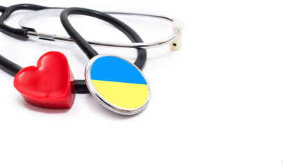 Heart and stethoscope isolated on white background with colors of ukrainian flag. Concept for...