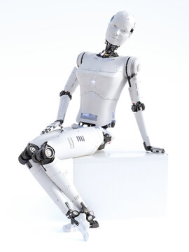 3D rendering of a female android robot sitting on a white cube.