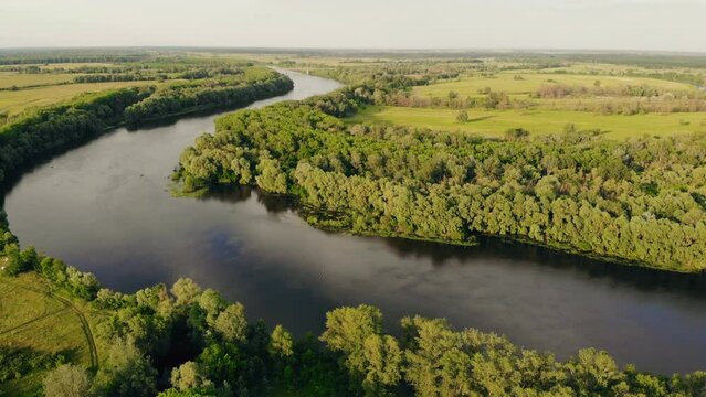 Desna river aerial landscape. Sunny day with clear sky