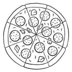 Pepperoni pizza whole round Hand drawn doodle sketch isolated on white background. line Vector illustration
