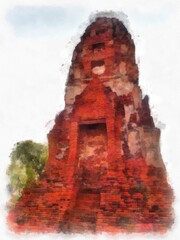 Landscape of ancient ruins in Ayutthaya World Heritage watercolor painting impressionist painting.