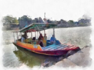 wooden boats crossing the river watercolor style illustration impressionist painting.