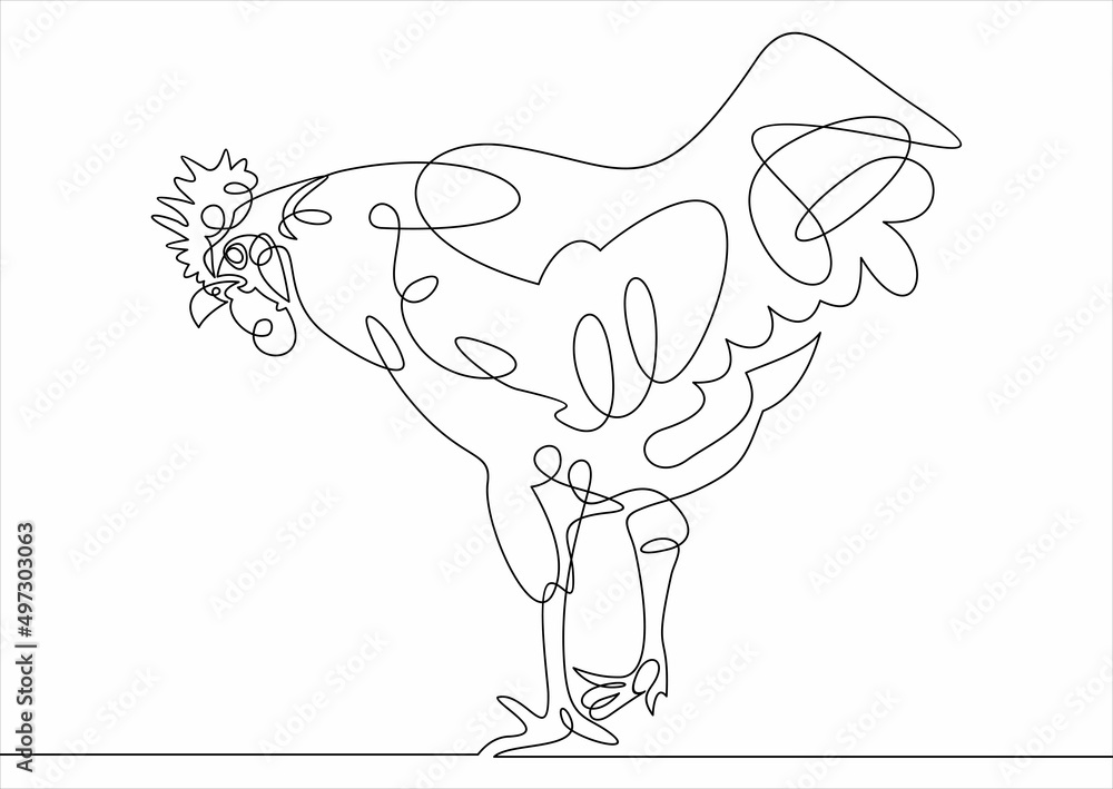 Poster chicken rooster continuous one line drawing minimalism. vector sketch hand drawn simplicity style.