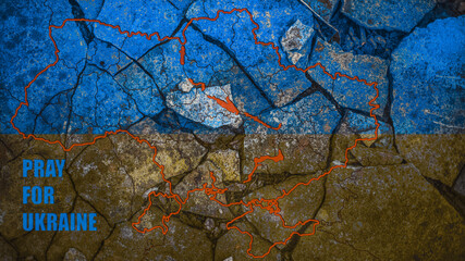 contour map of Ukraine against the background of cracked earth in the colors of the Ukrainian flag, yellow and blue we pray for Ukraine
