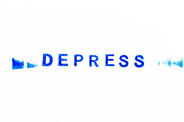 Blue color ink of rubber stamp in word depress on white paper background