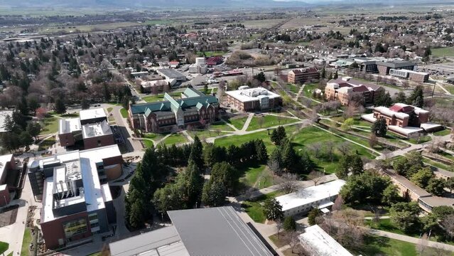 Cinematic 4K aerial drone footage the campus of Central Washington University in Ellensburg, Kittitas County, Western Washington