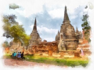 Fototapeta premium Landscape of ancient ruins in Ayutthaya World Heritage watercolor painting impressionist painting.