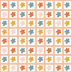 Modern checkered and abstract flowers seamless pattern. Blue, yellow and terracotta boho floral vector illustration.