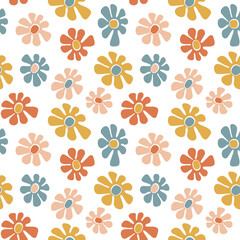 Modern abstract flowers seamless pattern. Blue, yellow and terracotta boho floral vector illustration.