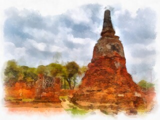 Landscape of ancient ruins in Ayutthaya World Heritage watercolor painting impressionist painting.