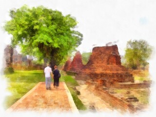 Landscape of ancient ruins in Ayutthaya World Heritage watercolor painting impressionist painting.