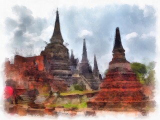 Fototapeta premium Landscape of ancient ruins in Ayutthaya World Heritage watercolor painting impressionist painting.