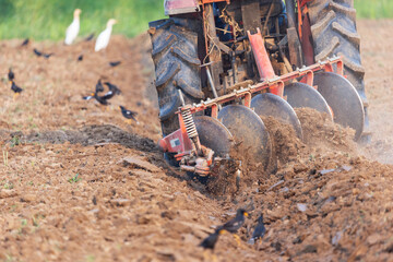 Tractor cultivating field for preparing farmland