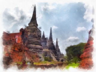 Landscape of ancient ruins in Ayutthaya World Heritage watercolor painting impressionist painting.