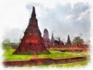 Fototapeta na wymiar Landscape of ancient ruins in Ayutthaya World Heritage watercolor painting impressionist painting.
