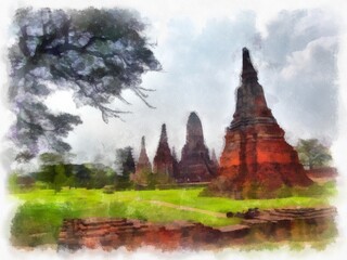 Landscape of ancient ruins in Ayutthaya World Heritage watercolor painting impressionist painting.