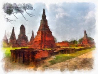 Obraz premium Landscape of ancient ruins in Ayutthaya World Heritage watercolor painting impressionist painting.