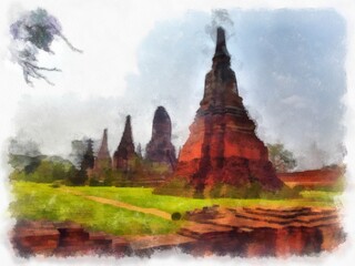 Fototapeta na wymiar Landscape of ancient ruins in Ayutthaya World Heritage watercolor painting impressionist painting.