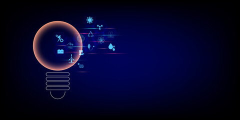 Energy resource concept. Light bulb with hexagonal shape with icons of a solar cell, wind, fossil fuel, sun, nuclear, hot spring on blue and black background.