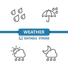 Weather Icons. Raining, Rain, Cloud, Raindrop, Droplet, Sun, Moon, Umbrella