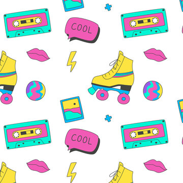 Pattern in the style of the 80s and 90s, with elements and objects of the past