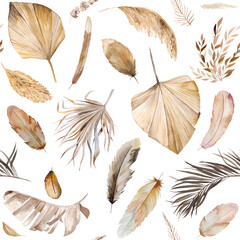 Watercolor Bohemian seamless pattern with dried tropical leaves and feathers illustration