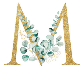 Golden letter M decorated with green Watercolor eucalyptus branches and leaves isolated © katrinshine
