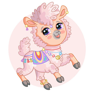 Cute Cartoon pink alpaca vector isolated illustration