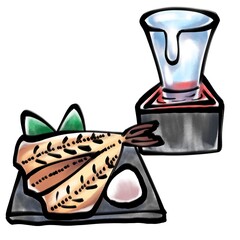 日本酒（冷酒）とほっけの塩焼き