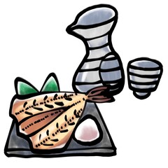 日本酒（熱燗）とほっけの塩焼き