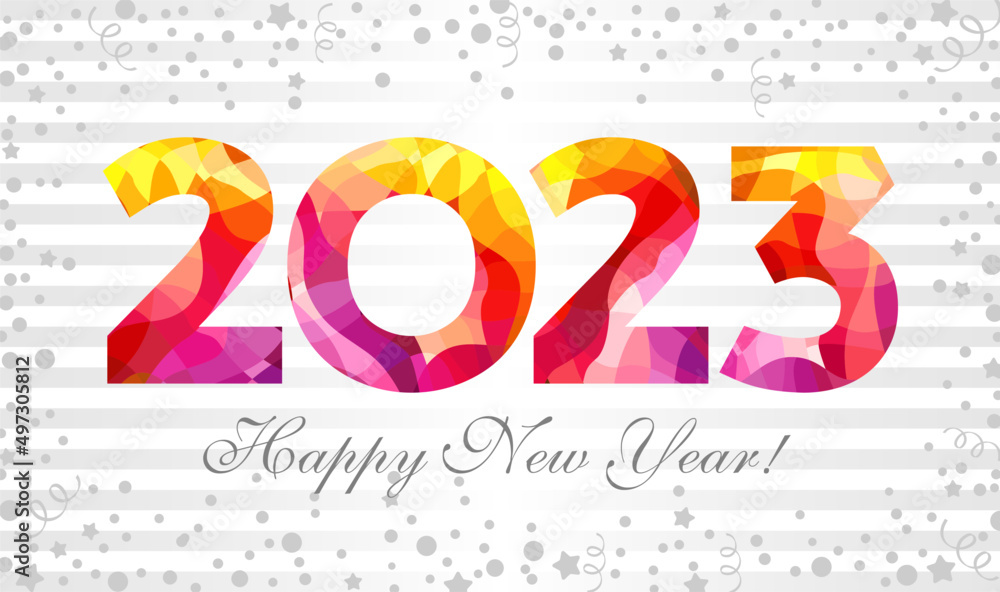 Wall mural stained-glass fiery and flamy red digits 2023 on snowy white bg. merry christmas and a happy new yea