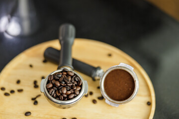 Coffee Ground in Portafilter for Espresso in cafe.