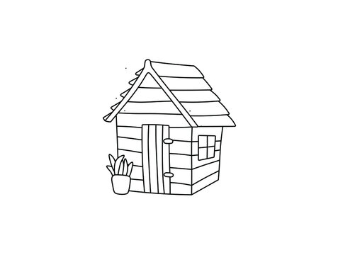 Vector isolated small simple wooden hut colorless black and white contour line doodle drawing
