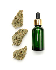 Marijuana cosmetic products, CBD oil. Medicinal hemp extract in cosmetic bottle, layout on white background, isolated. Natural herbal care, medical usage, cannabis therapy.