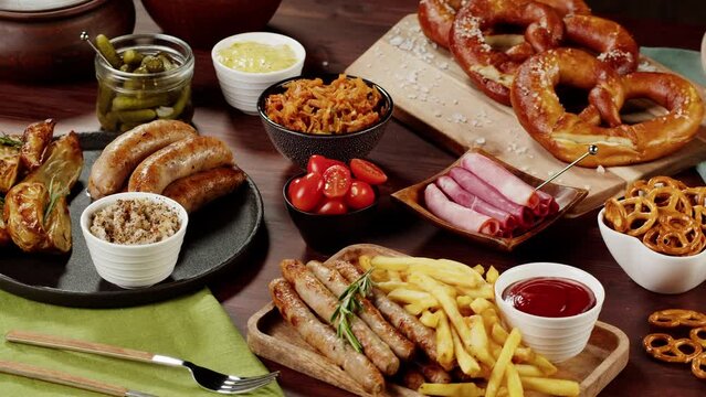 Traditional German Cuisine. Smoked sausages with fried potatoes, pickled cucumbers, bratwursts and fresh pretzels on table. Composition of Cooked National Czech Food. 