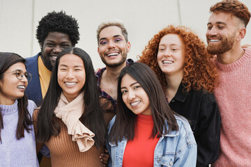 Happy diverse young people having fun outdoor - Multiracial friendship concept