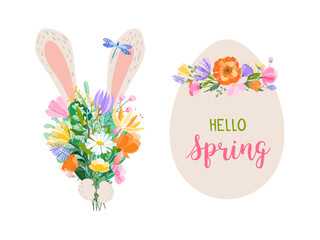 Easter spring greeting card. An Easter egg in herbs and flowers and a bouquet of spring flowers with bunny ears and paws. The inscription Hello spring.