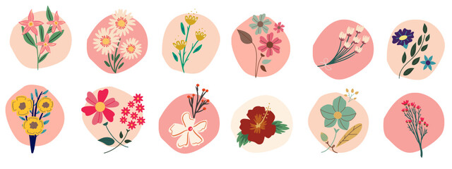 Set of boho flowers with circle background vector graphic
