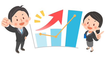 ビジネスマン男女と右肩上がりの棒グラフ