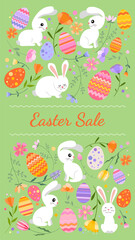 Easter spring greeting card. Bright colorful Easter eggs, herbs, flowers and cute Easter bunnies on a green background. The inscription Easter Sale.
