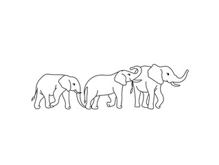 Vector isolated cute cartoon three elephants family colorless black and white contour line drawing © MariMuz