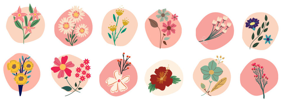 Set Of Boho Flowers With Circle Background Vector Graphic