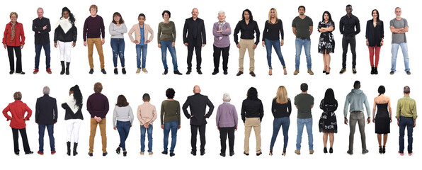 front and back view of same group of people on white background - Powered by Adobe