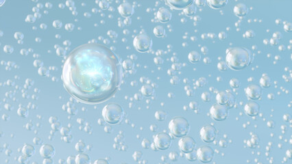 3D rendering Cosmetics Serum bubbles on defocus background. Collagen bubbles Design. Moisturizing Essentials and Serum Concept. Vitamin for personal care and beauty concept. 