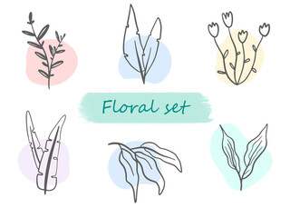 Single line Vector flowers set Trendy collection of wildflowers Floral branches and rainbow stains